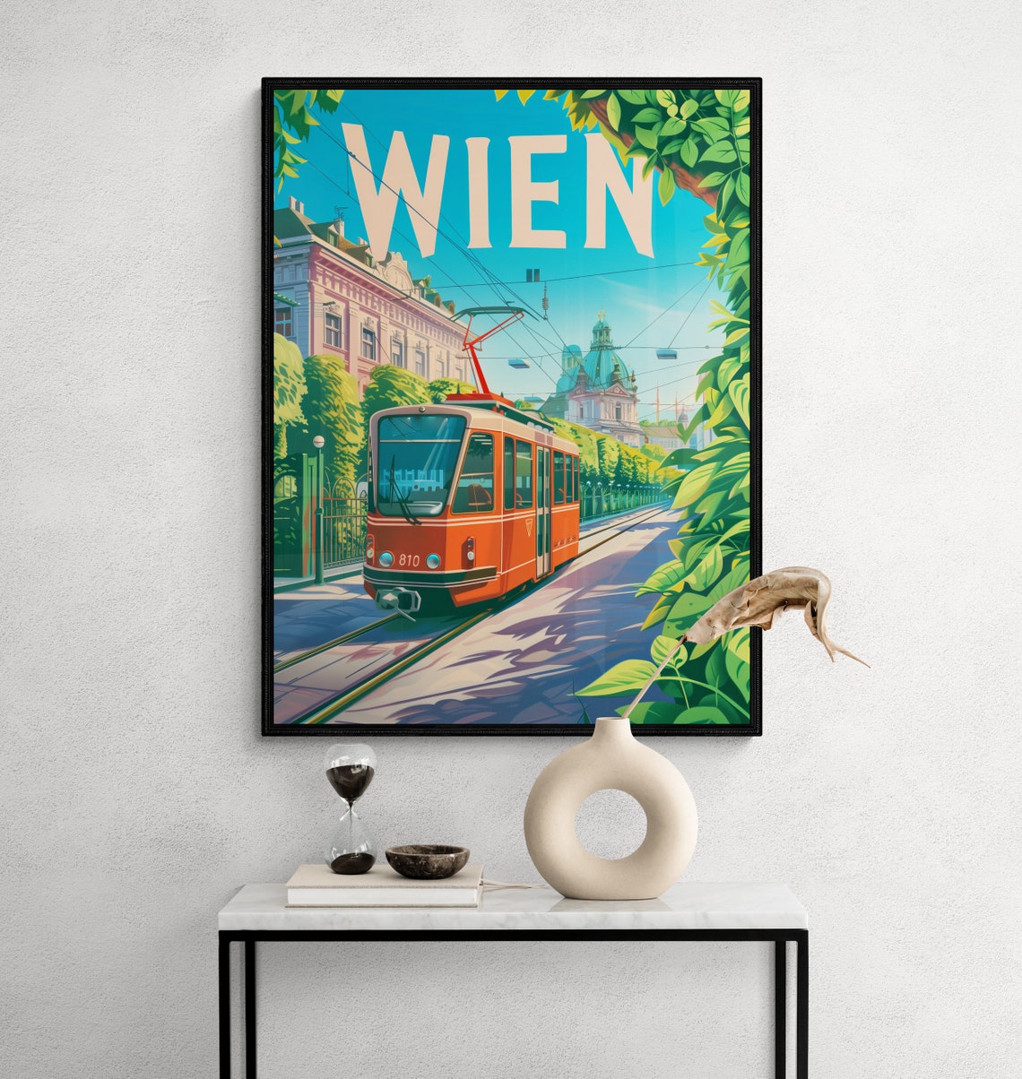 Wien Red Tram on Leafy Boulevard with Dome Vintage Travel Poster