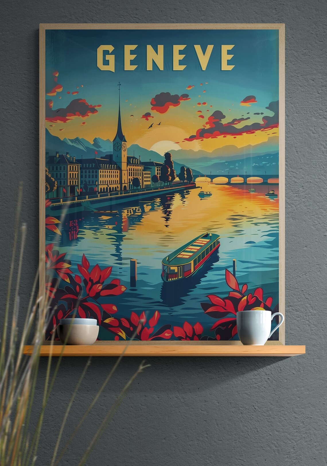 Geneve Sunset Harbor Boat and Church Tower Vintage Travel Poster - Image 3