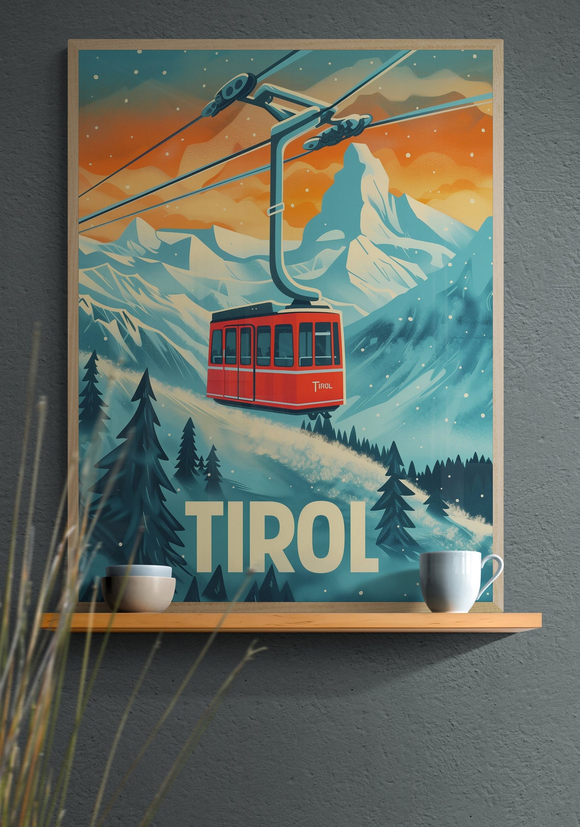 Tirol Red Cable Car Over Snowy Alps at Sunset Vintage Ski Poster - Image 3