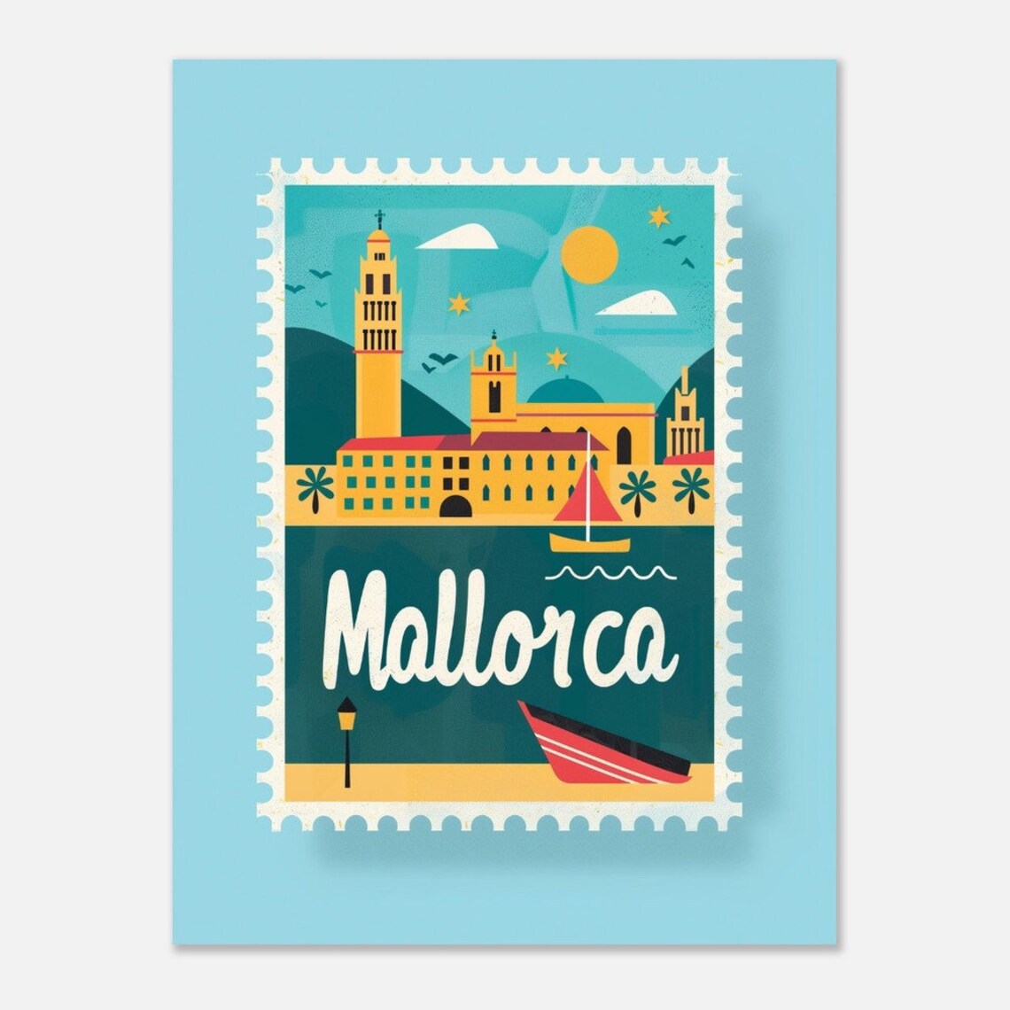 Mallorca Spain Harbor Cathedral Sailboats Stamp Travel Art Poster - Image 2