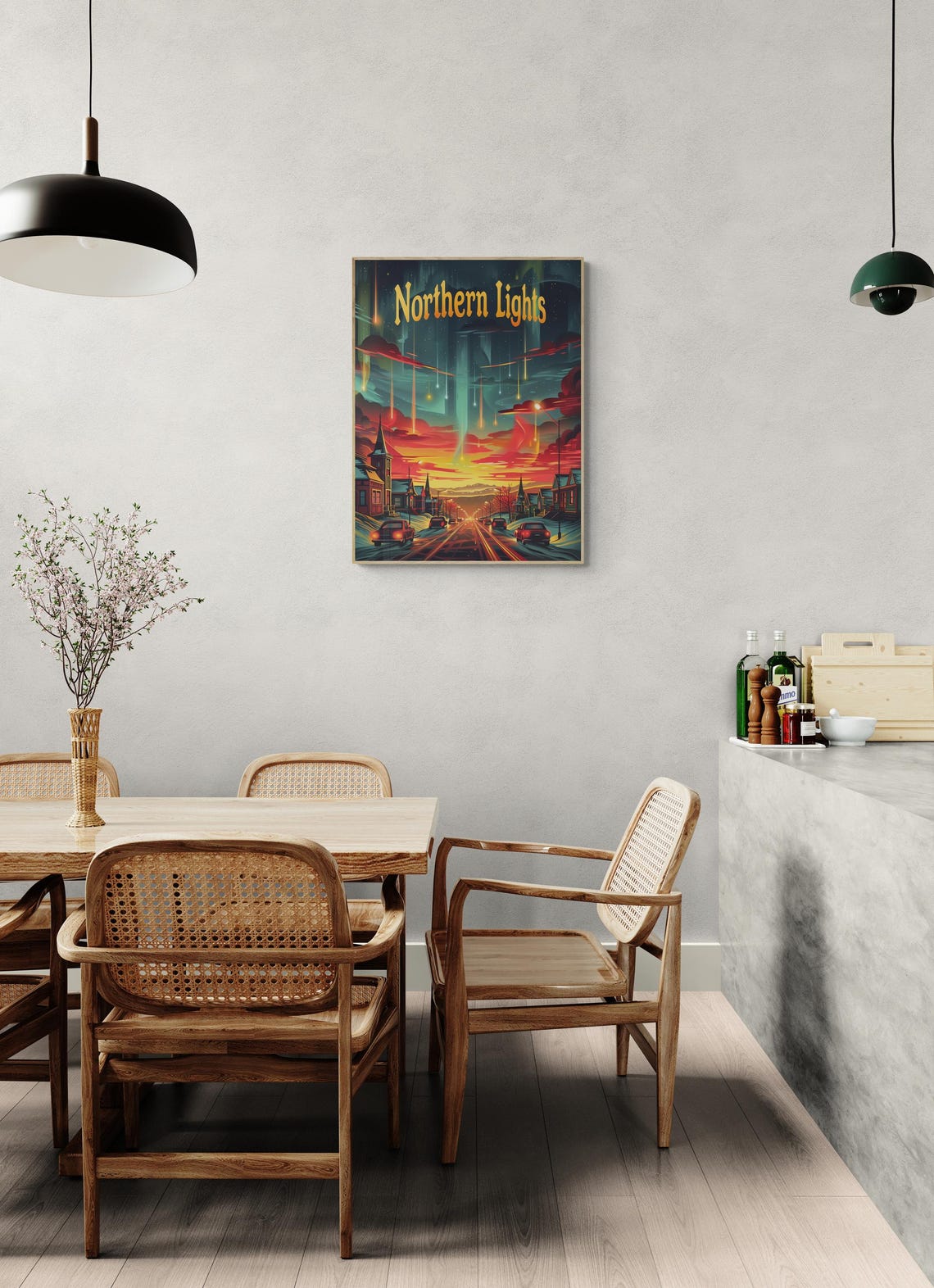 Northern Lights Aurora Over Snowy Small Town Street Travel Poster