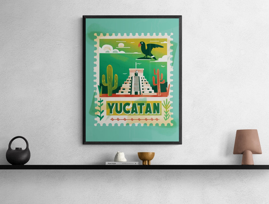 Yucatan Mexico Mayan Pyramid Cactus Stamp Style Travel Poster - Image 5