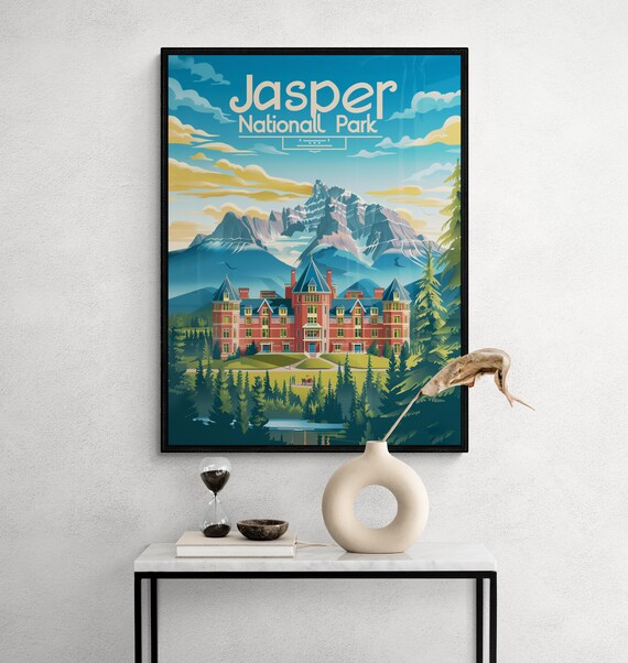 Jasper National Park Grand Lodge Mountains Pine Lake Travel Poster