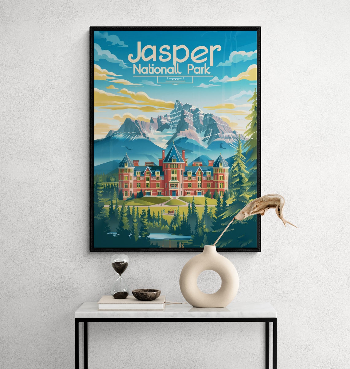 Jasper National Park Grand Lodge Mountains Pine Lake Travel Poster