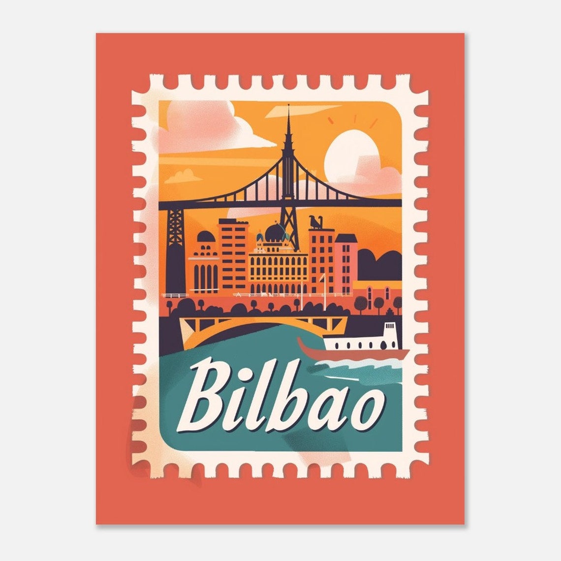 Bilbao Spain River Bridge Skyline Retro Stamp Travel Art Poster - Image 2