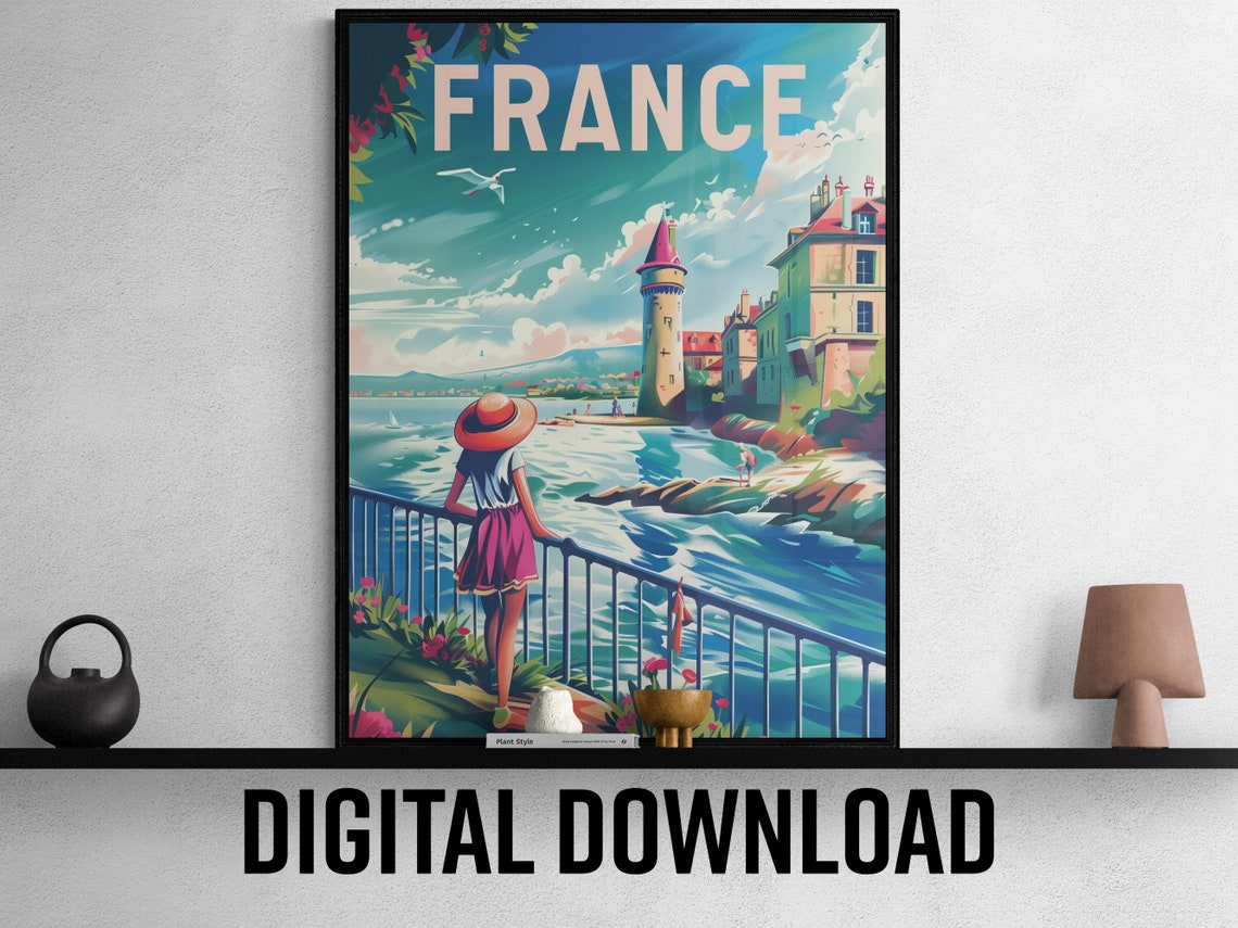 France Mediterranean Coastal Town Balcony View Travel Poster