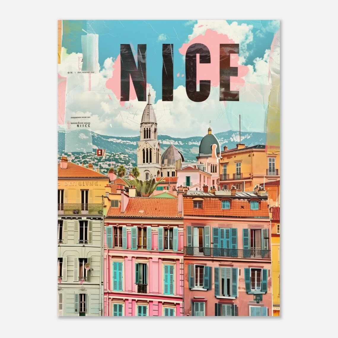 Nice Pastel Facades Bell Tower Collage Pink France Travel Poster - Image 2