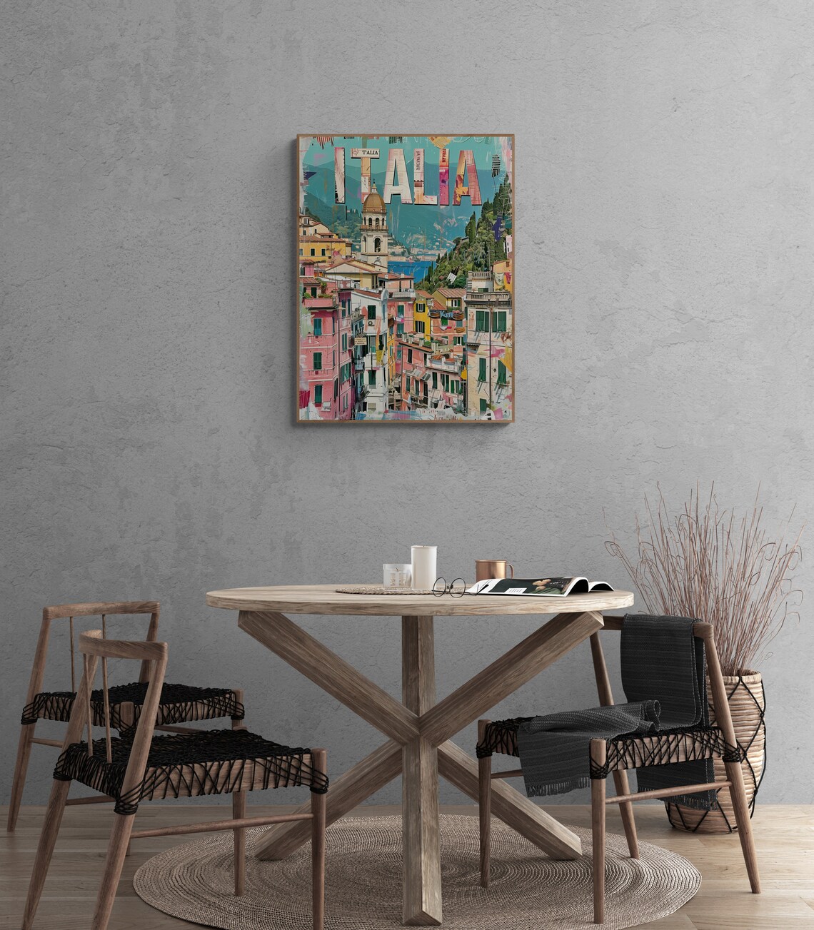 Italia Coastal Hill Town Church Tower Newsprint Letters Travel Poster - Image 5