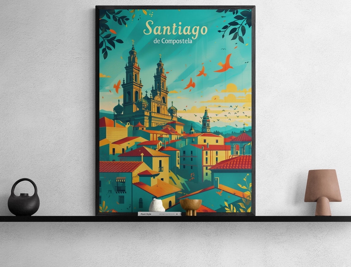 Santiago de Compostela Cathedral Rooftops Day Vintage Travel Poster - Image 3