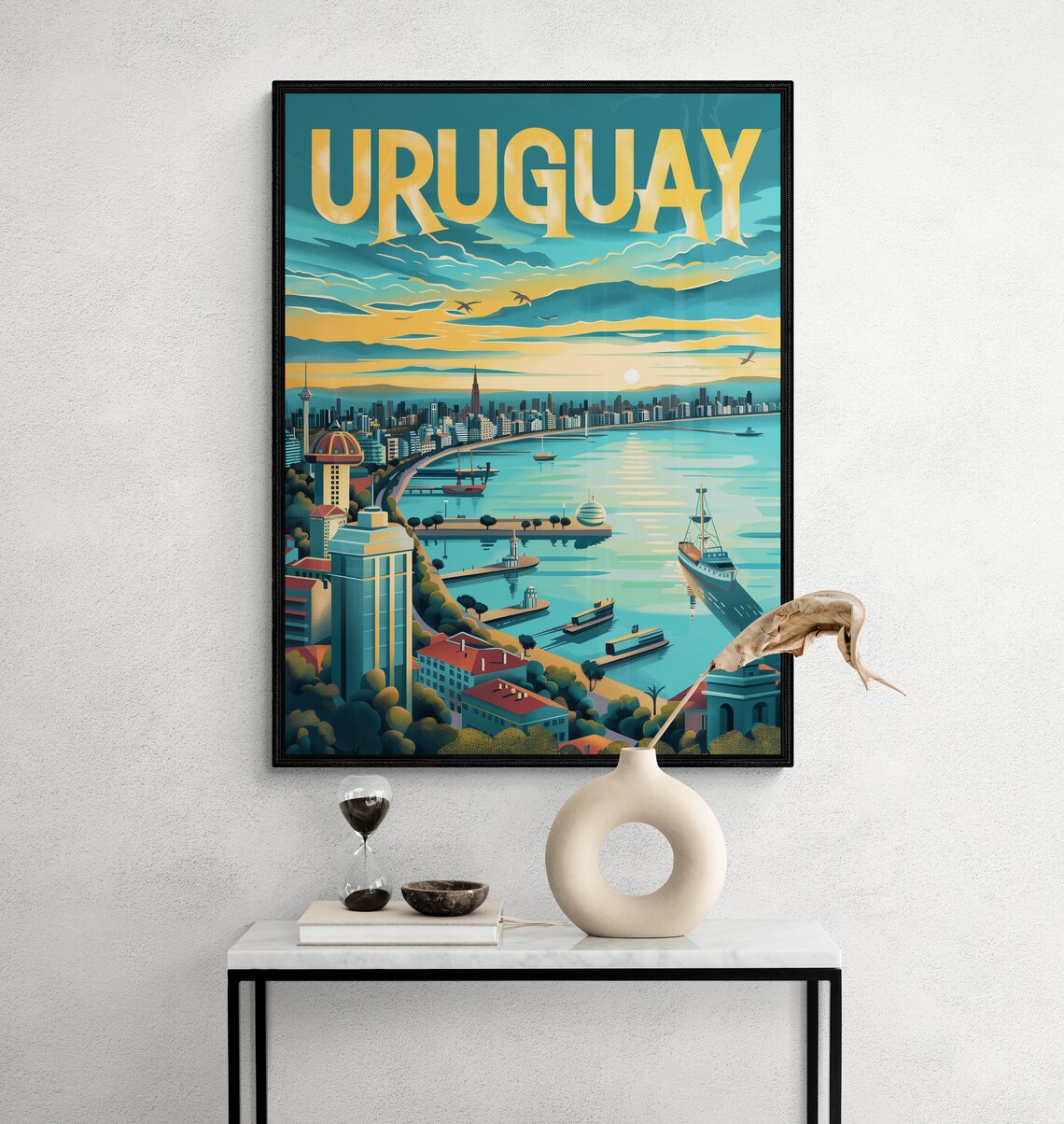 Uruguay Coastal Harbor Boats City Skyline Sunset Travel Poster