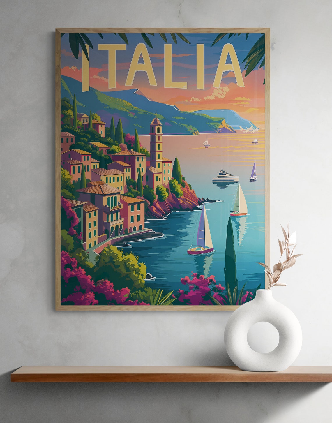 Italia Coastal Cliffs Seaside Sailboats Sunset Travel Poster - Image 2