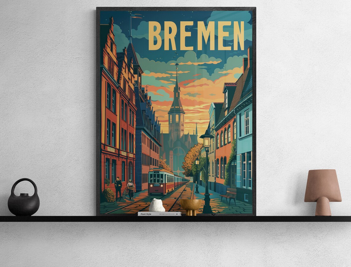 Bremen Historic Street Tram and Church Tower Vintage Travel Poster - Image 3