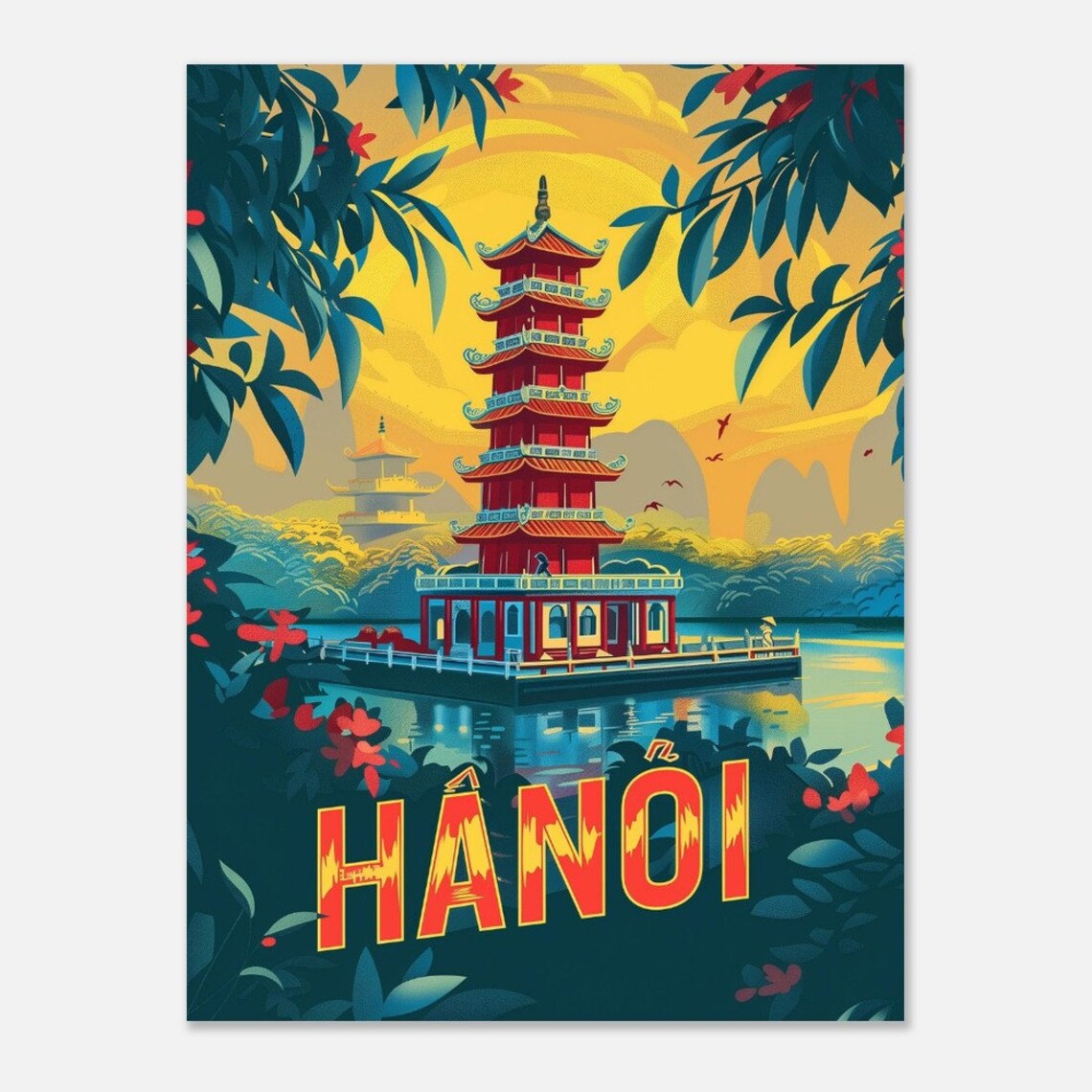Hanoi Red Pagoda Lake Vintage Vietnam Temple Garden Poster Art - Image 2