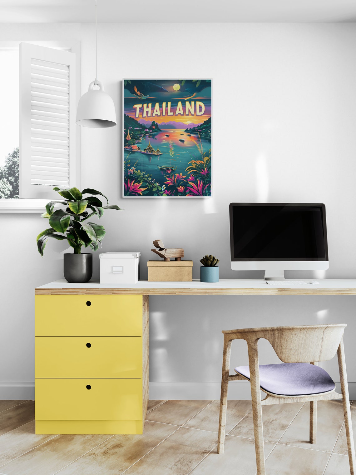 Thailand Tropical Bay Moonrise Longtail Boats Retro Travel Poster - Image 3