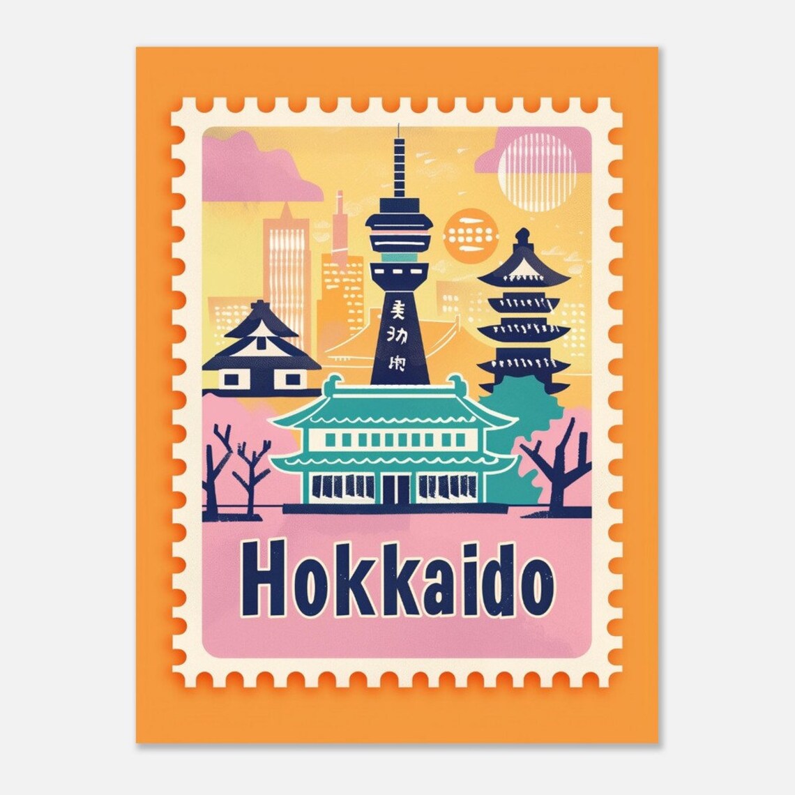 Hokkaido Japan Temple Tower Vintage Travel Stamp Style Poster - Image 2