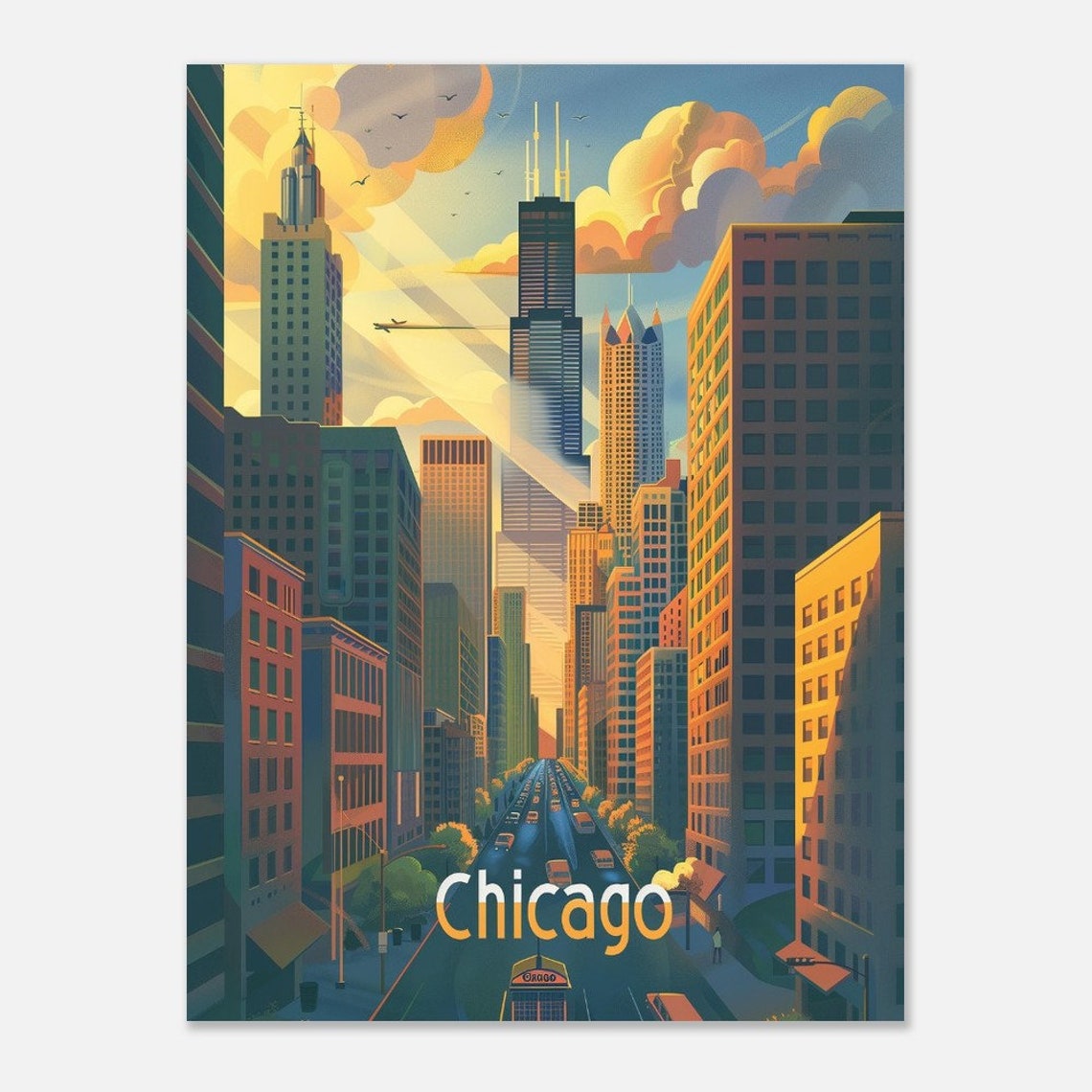 Chicago Downtown Willis Tower Sunset Retro Illinois Poster Art - Image 2