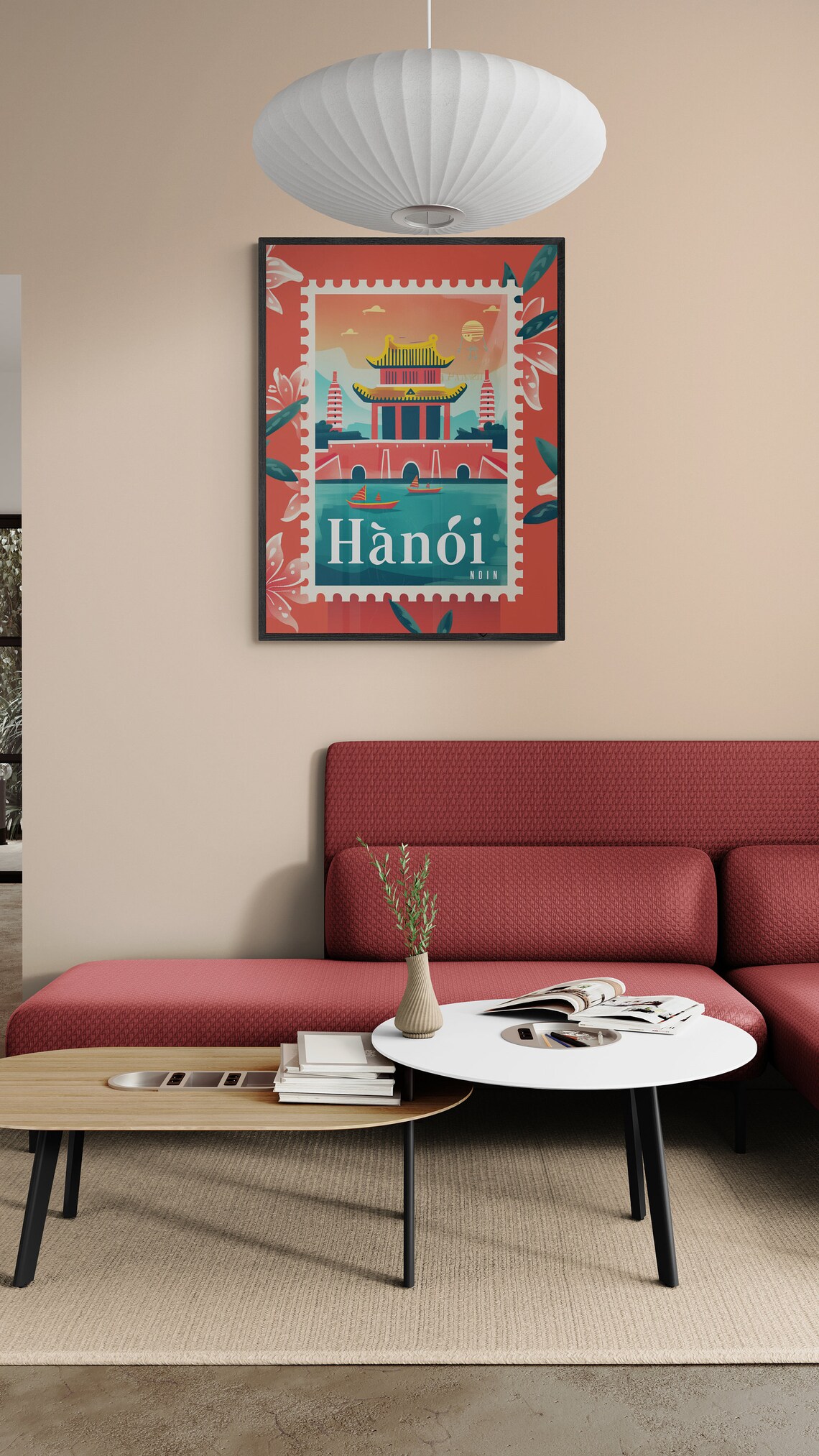 Hanoi Vietnam Temple Boats Vintage Travel Stamp Style Poster - Image 4