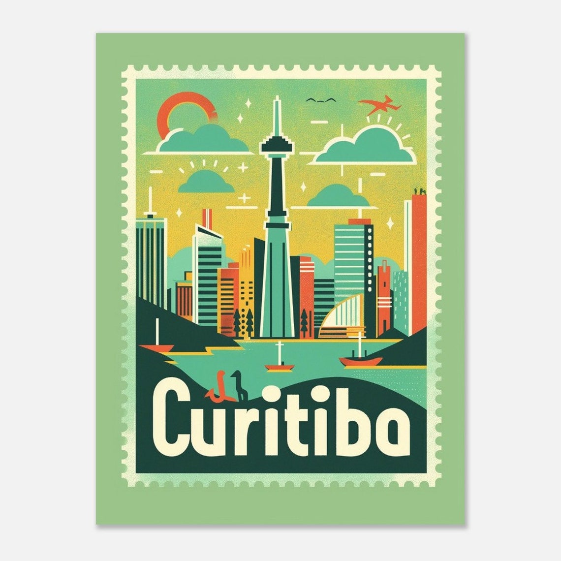 Curitiba Brazil Skyline Tower Boats Vintage Travel Stamp Poster - Image 2