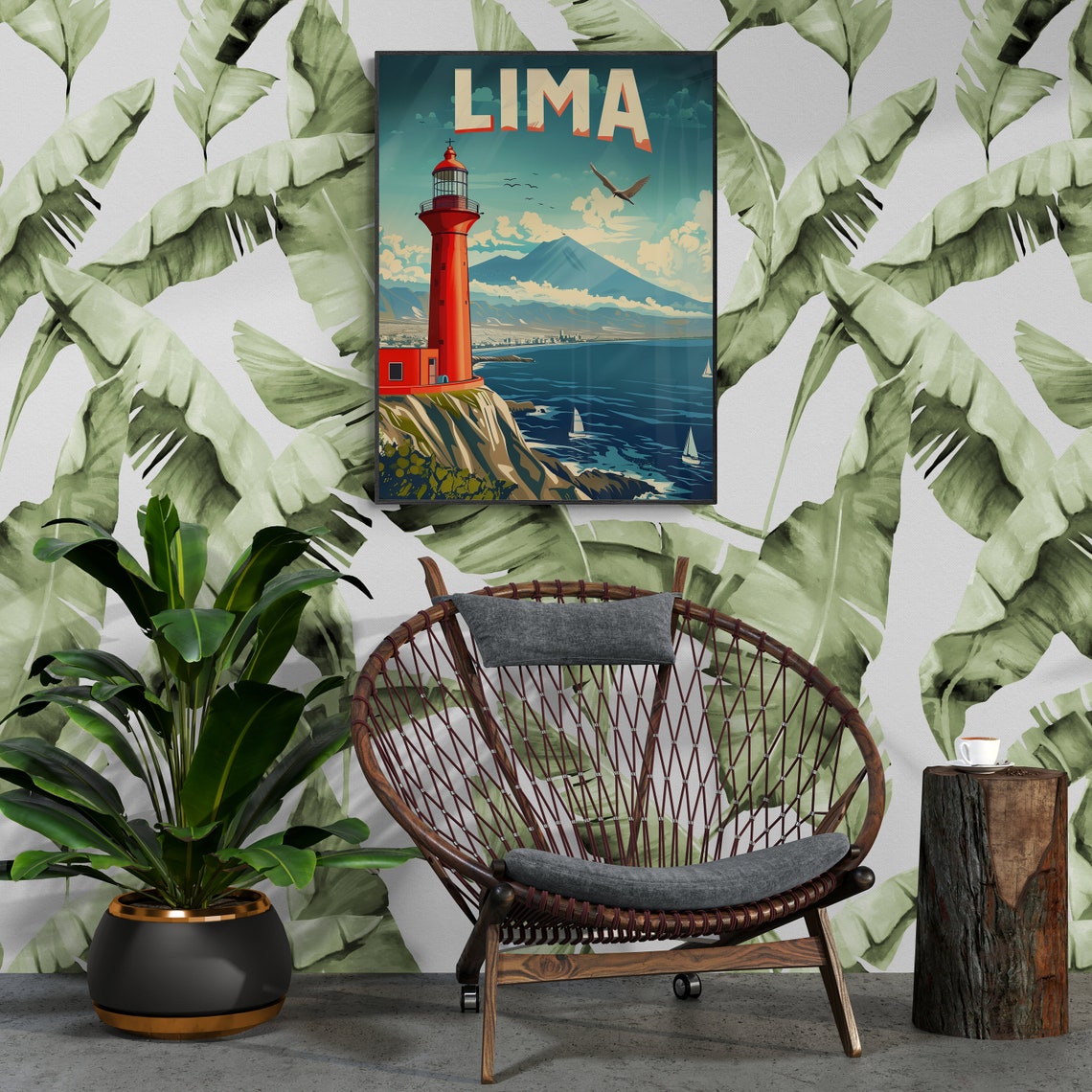 Lima Red Lighthouse Cliffs Pacific Coast Retro Travel Poster - Image 3