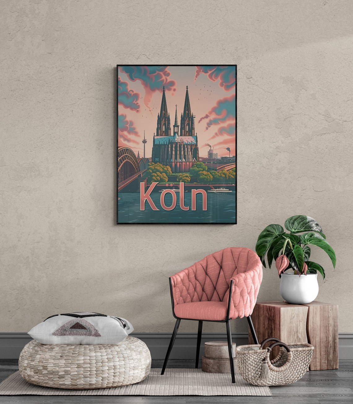 Koln Cologne Cathedral Rhine Bridge Pink Sky Vintage Travel Poster - Image 3