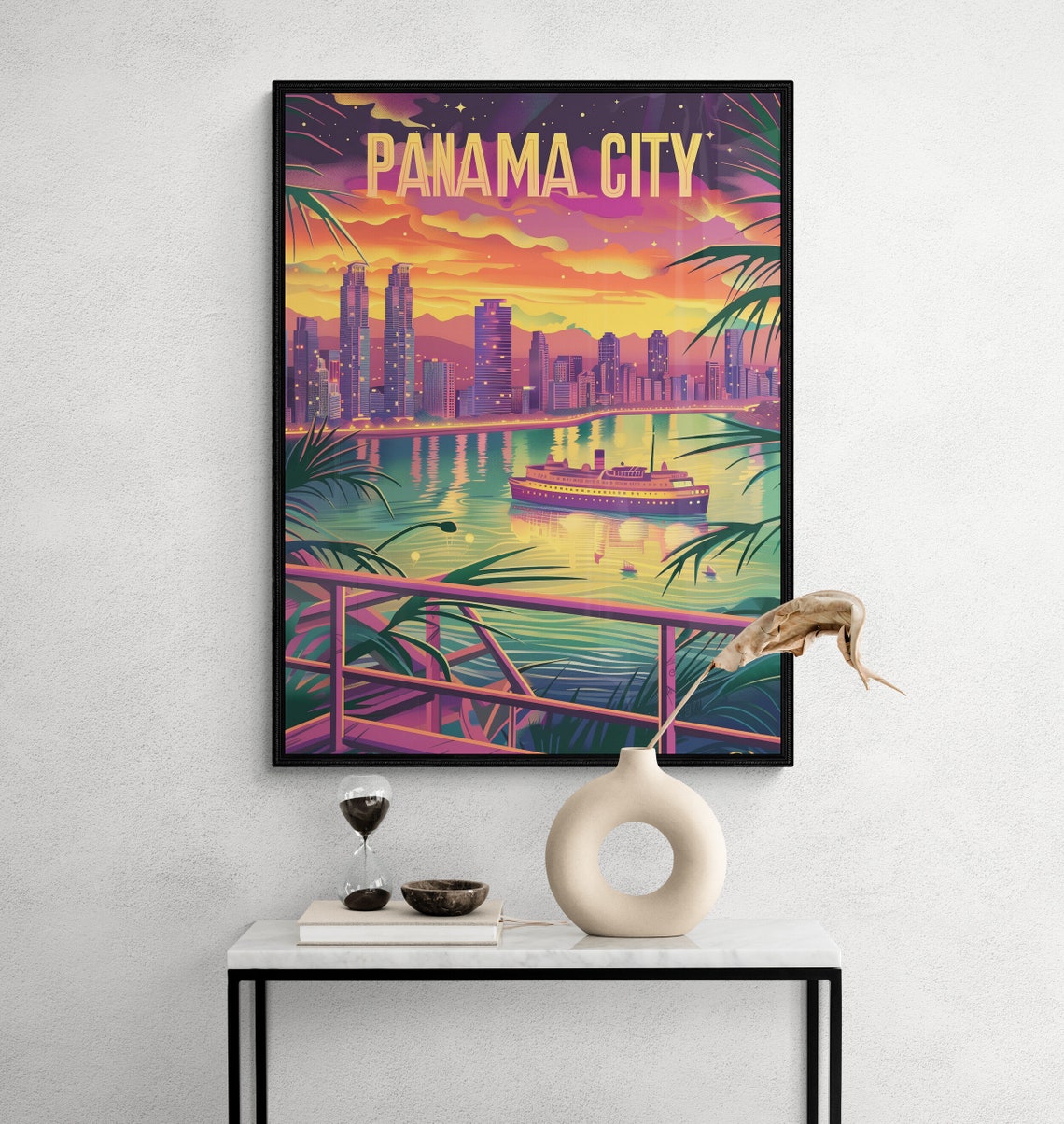 Panama City Night Harbor Ship and Skyline Sunset Vintage Travel Poster