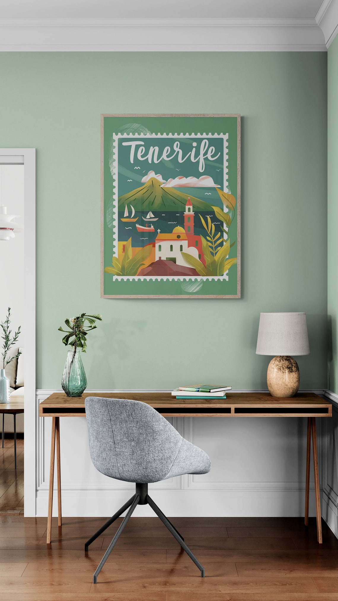 Tenerife Mount Teide Volcano Harbor Boats Stamp Style Travel Poster - Image 3