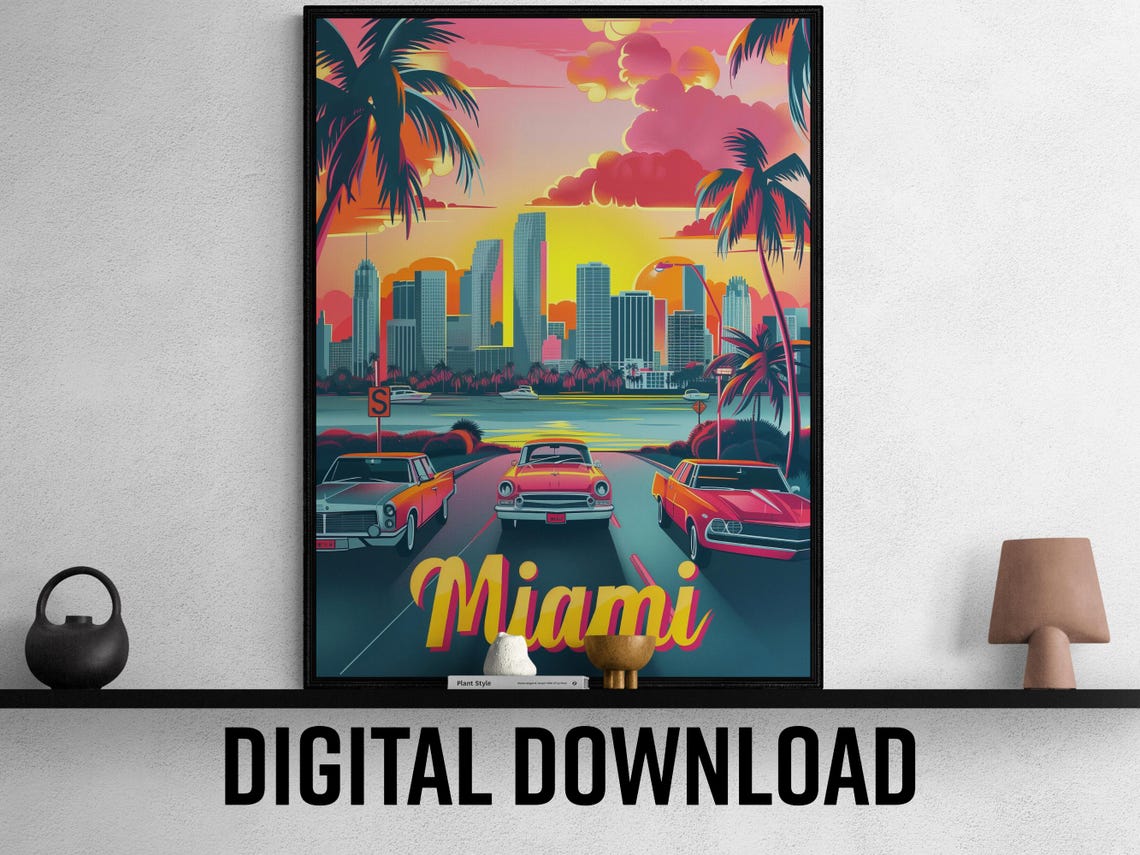 Miami Florida Skyline Classic Cars Sunset Vintage Travel Poster