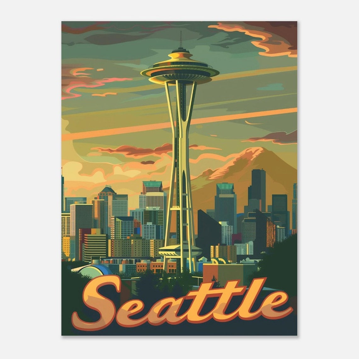 Seattle Space Needle Sunset Skyline Retro Washington Poster Art - Image 2