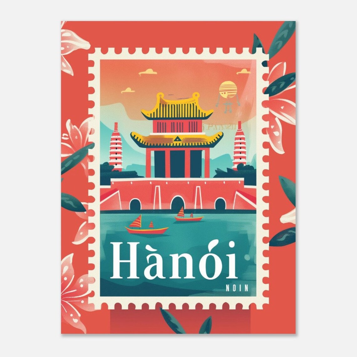 Hanoi Vietnam Temple Boats Vintage Travel Stamp Style Poster