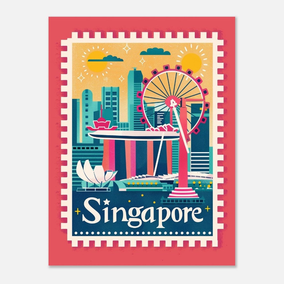 Singapore Marina Bay Skyline Vintage Postage Stamp Travel Poster - Image 2