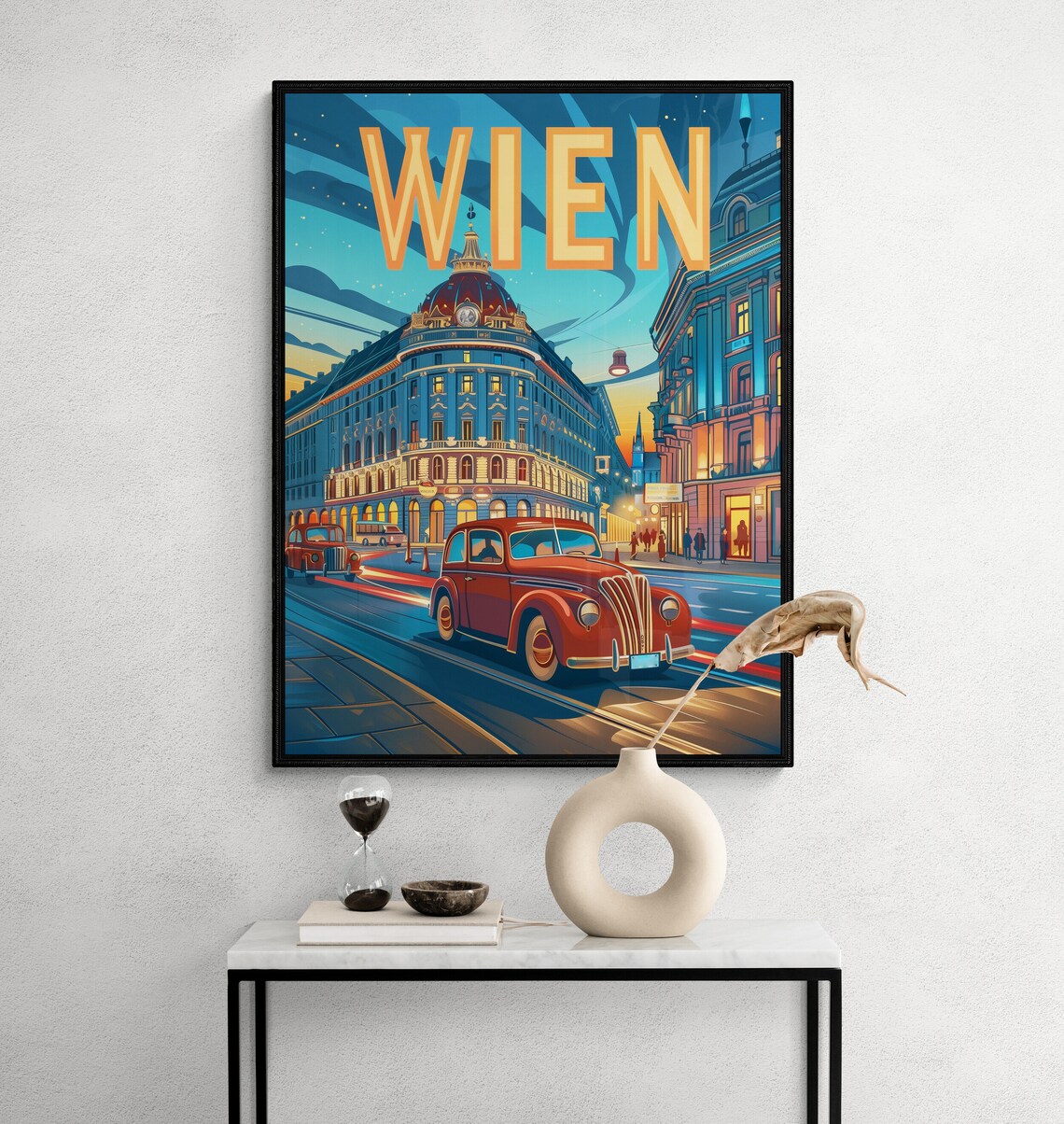 Vienna Night Street Red Vintage Cars Historic Buildings Travel Poster - Image 2