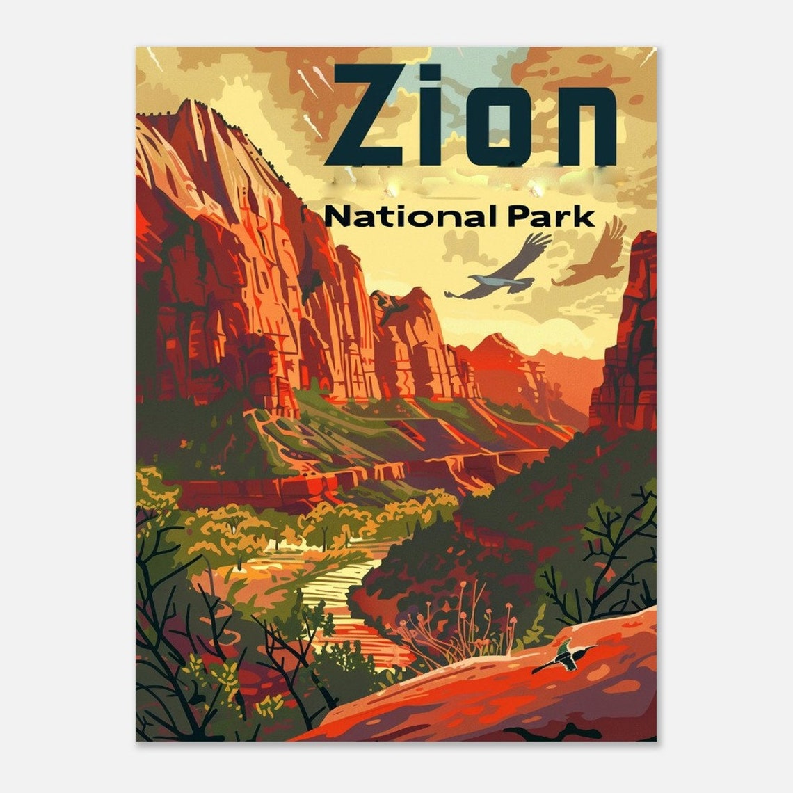 Zion National Park Red Rock Canyon Soaring Birds Vintage Travel Poster - Image 5