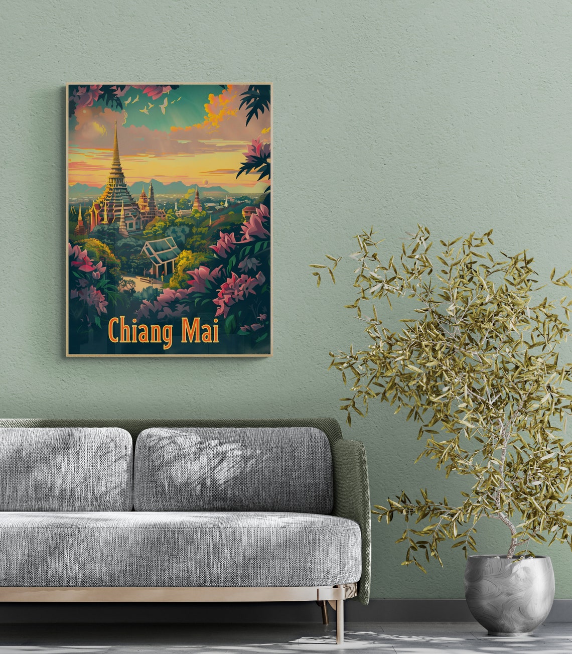 Chiang Mai Golden Chedi Sunset Flowers Temple Thailand Travel Poster - Image 3