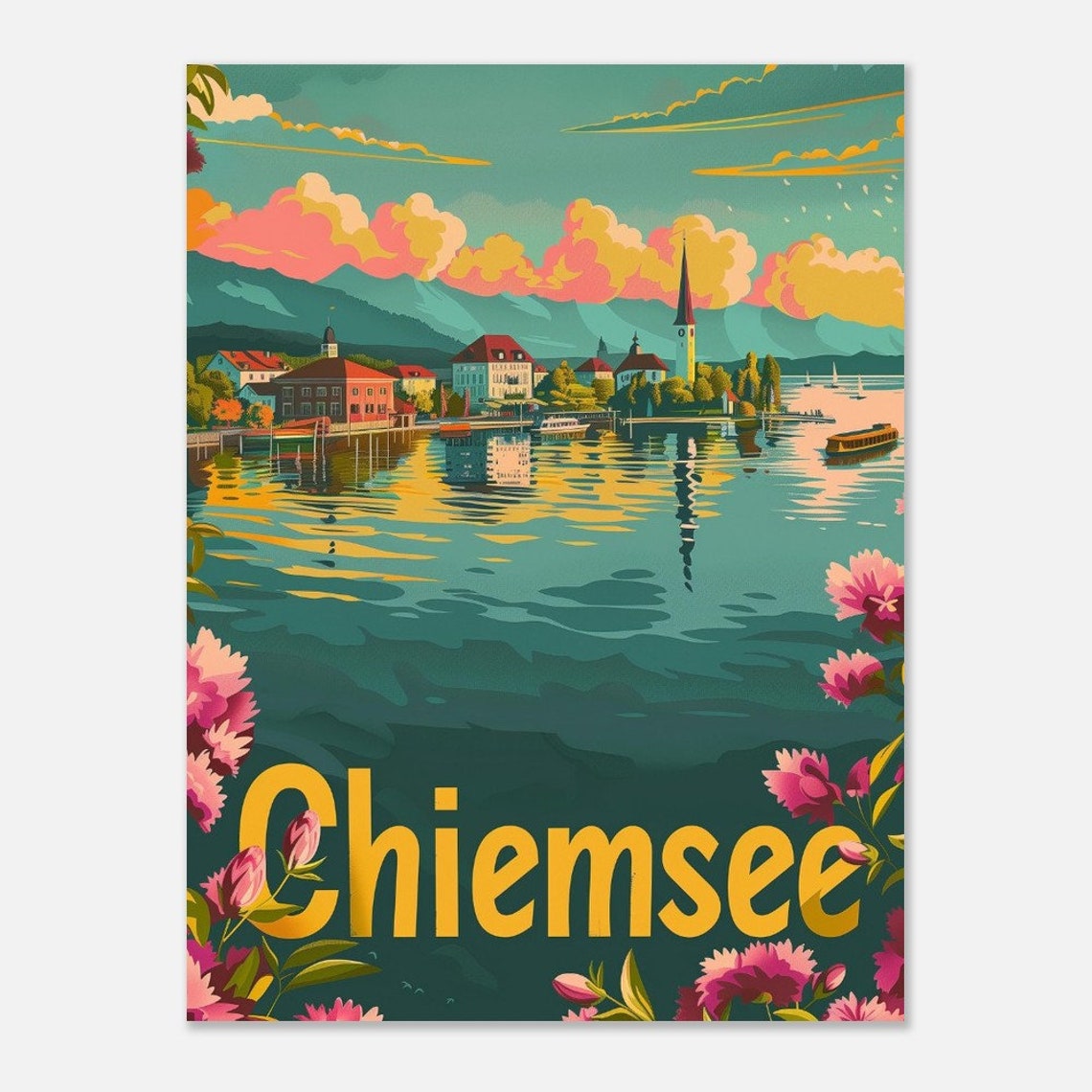 Chiemsee Lake Bavaria Village Blossom Retro Sunset Travel Poster - Image 2