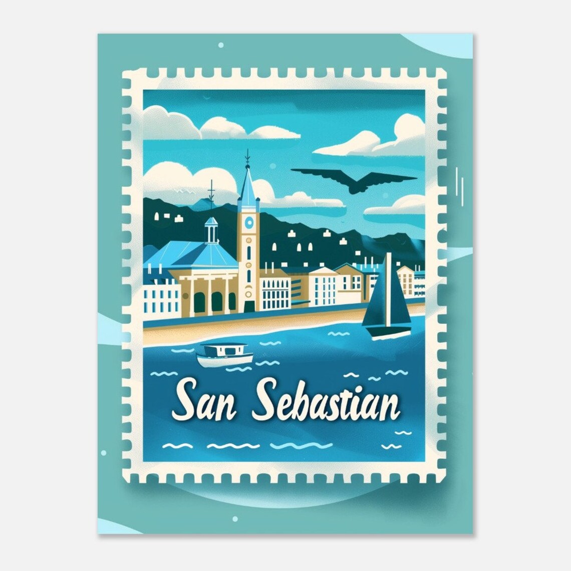 San Sebastian Harbor Church Sailboats Blue Stamp Spain Travel Poster - Image 2
