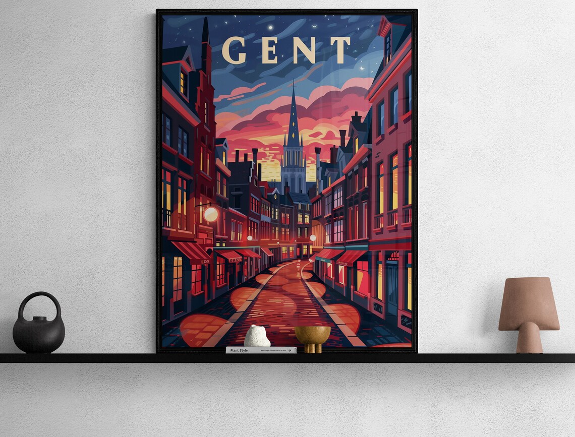Ghent Belgium Night Street Old Town Church Tower Sunset Travel Poster - Image 2