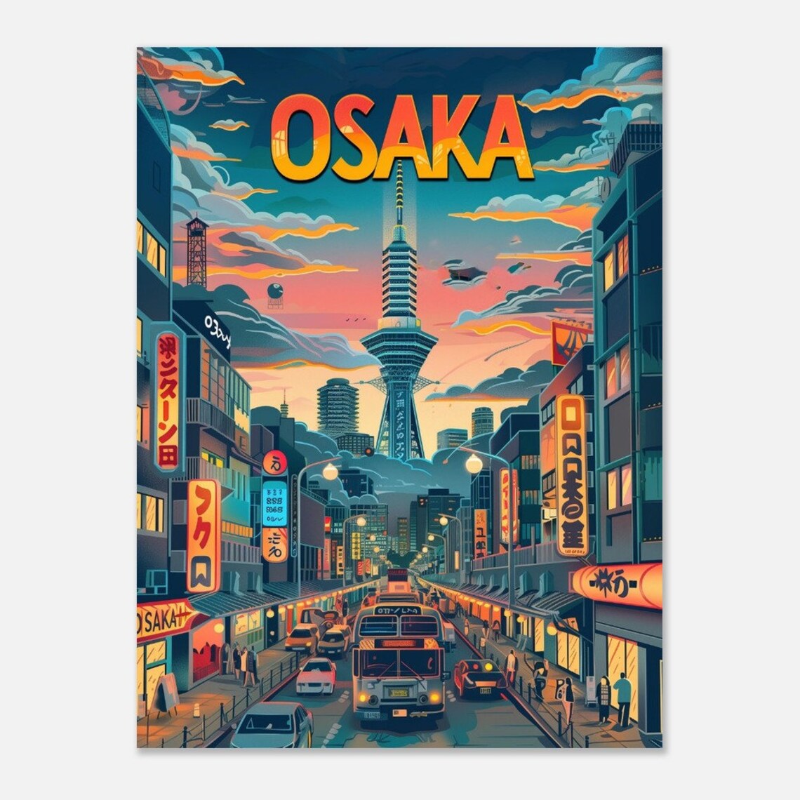 Osaka Neon Street Night Tower Lights Vibrant Retro Travel Poster - Image 2