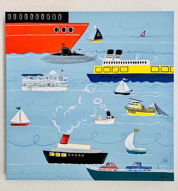 Busy Harbor Cartoon Ships Sailboats Submarine Kids Nautical Poster