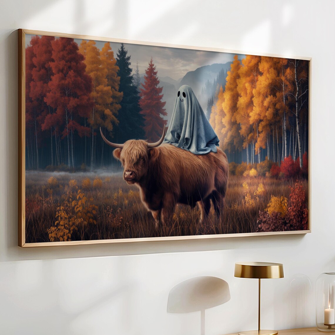 Highland Cow Ghost Rider Autumn Forest Cute Spooky Halloween Funny Poster - Image 4
