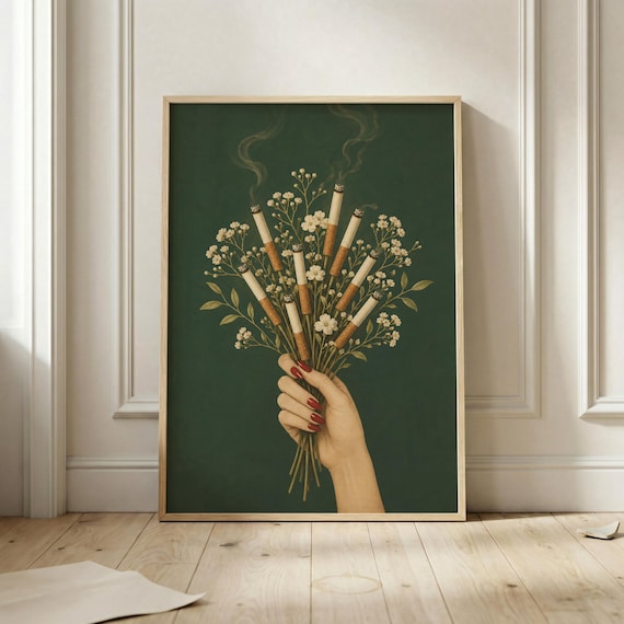 Surreal Smoking Bouquet Poster Dark Feminine Wall Art Gothic Floral Print Moody Contemporary Artwork