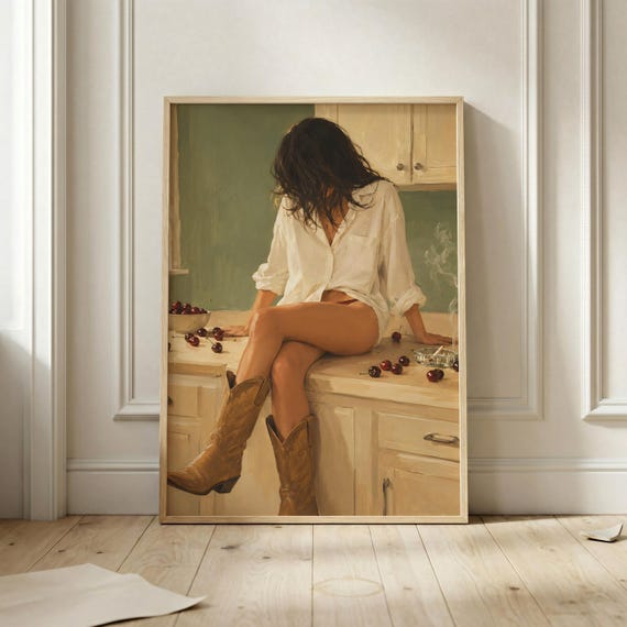 Cowgirl Kitchen Wall Art Print Western Woman Poster Moody Vintage Painting Rustic Country Home Decor Aesthetic Canvas