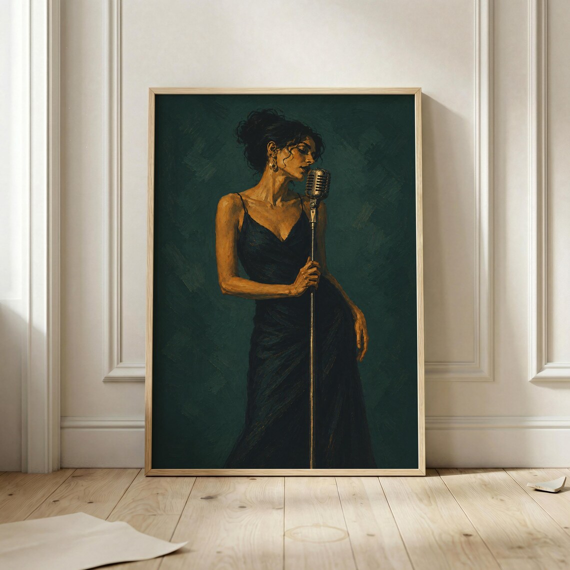 Elegant Jazz Singer Vintage Microphone Moody Oil Painting Emerald Poster