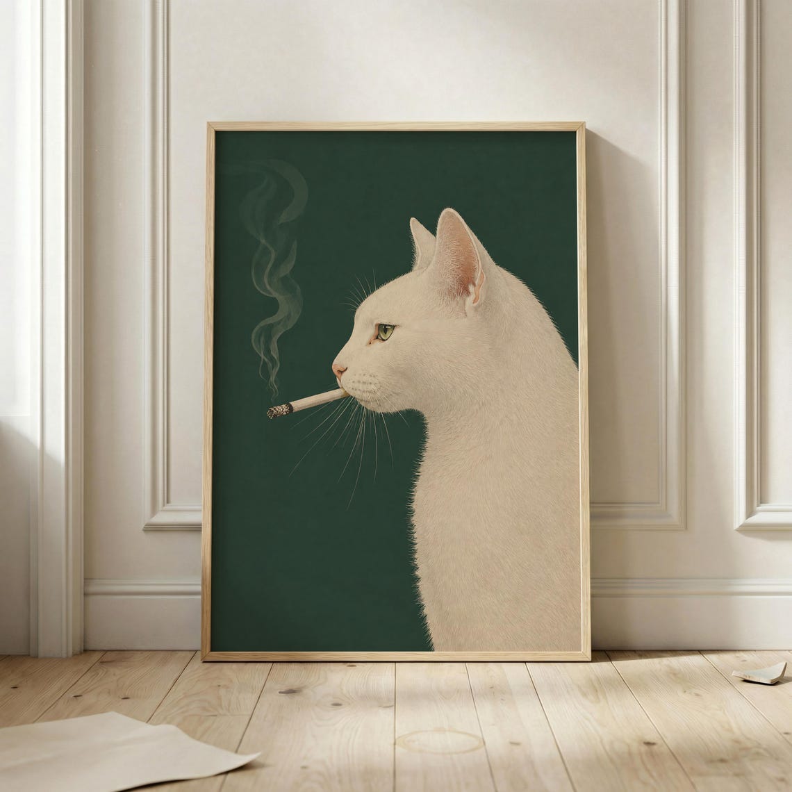 White Cat Smoking Poster Vintage Wall Art Print Red Background Animal Portrait Funny Lover Decor