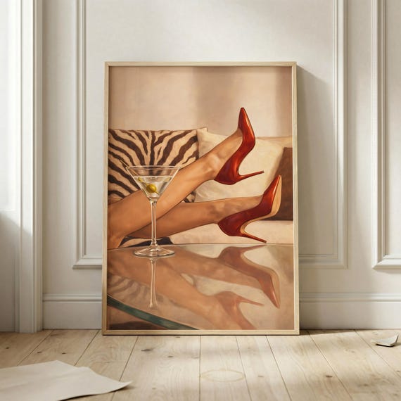 Cocktail Lounge Wall Art Red Heels Fashion Poster Glamorous Martini Print Luxury Living Room Decor Chic Feminine Artwork