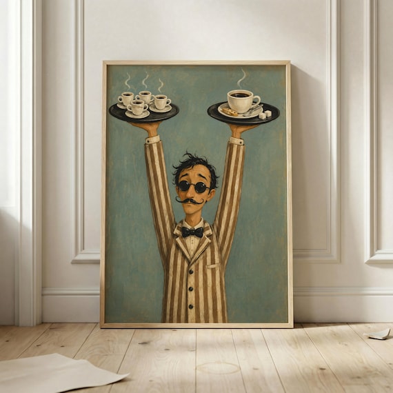 Coffee Waiter Vintage Cafe Art Print, Retro Bar