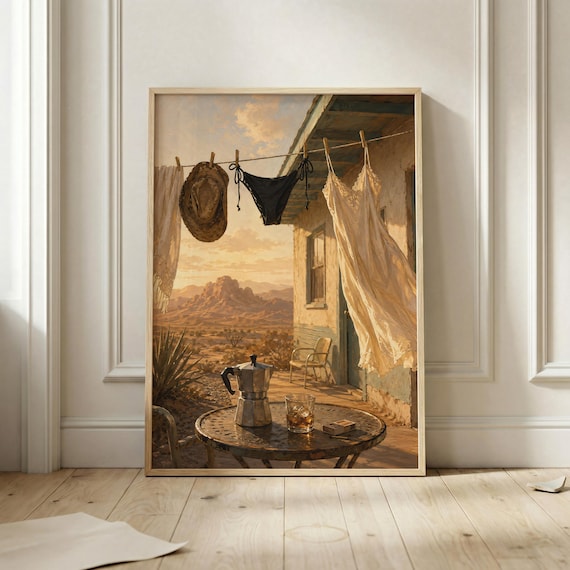 Desert Cowgirl Clothesline Porch Moka Pot Southwest Sunset Art Poster