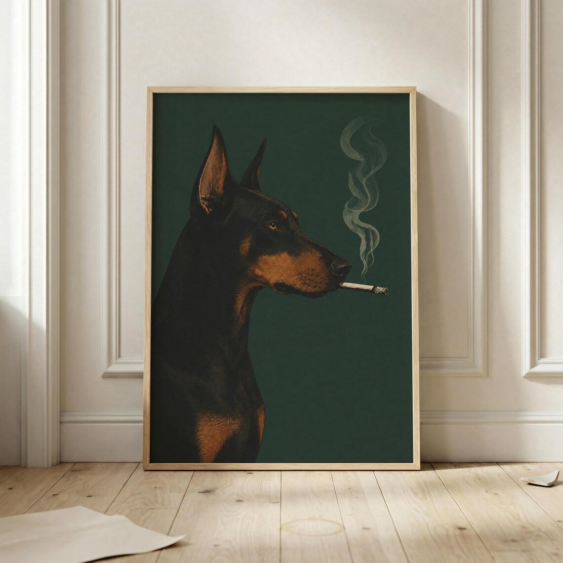 Doberman Smoking Poster, Vintage Animal Portrait