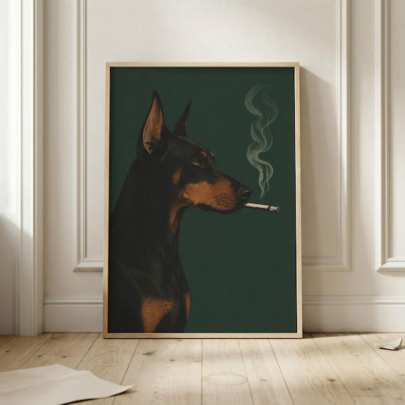 Doberman Smoking Poster, Vintage Animal Portrait