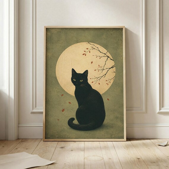Black Cat Moon Autumn Leaves Vintage Japanese Style Feline Poster