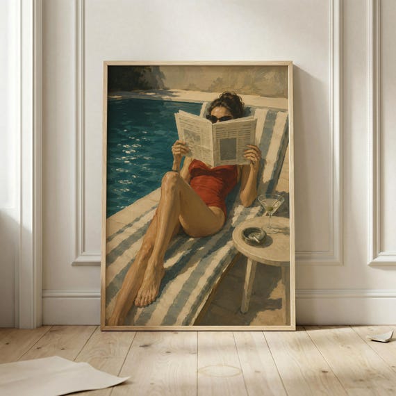 Poolside Woman Wall Art Print Vintage Summer Poster Mediterranean Resort Decor Martini Artwork Old Money Aesthetic